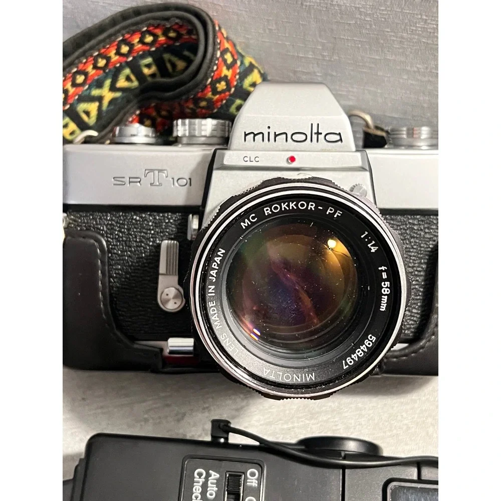 Minolta SRT 101 35mm Film Camera MC Rokkor-PF 58mm f1.4 Lens Flash Bundle